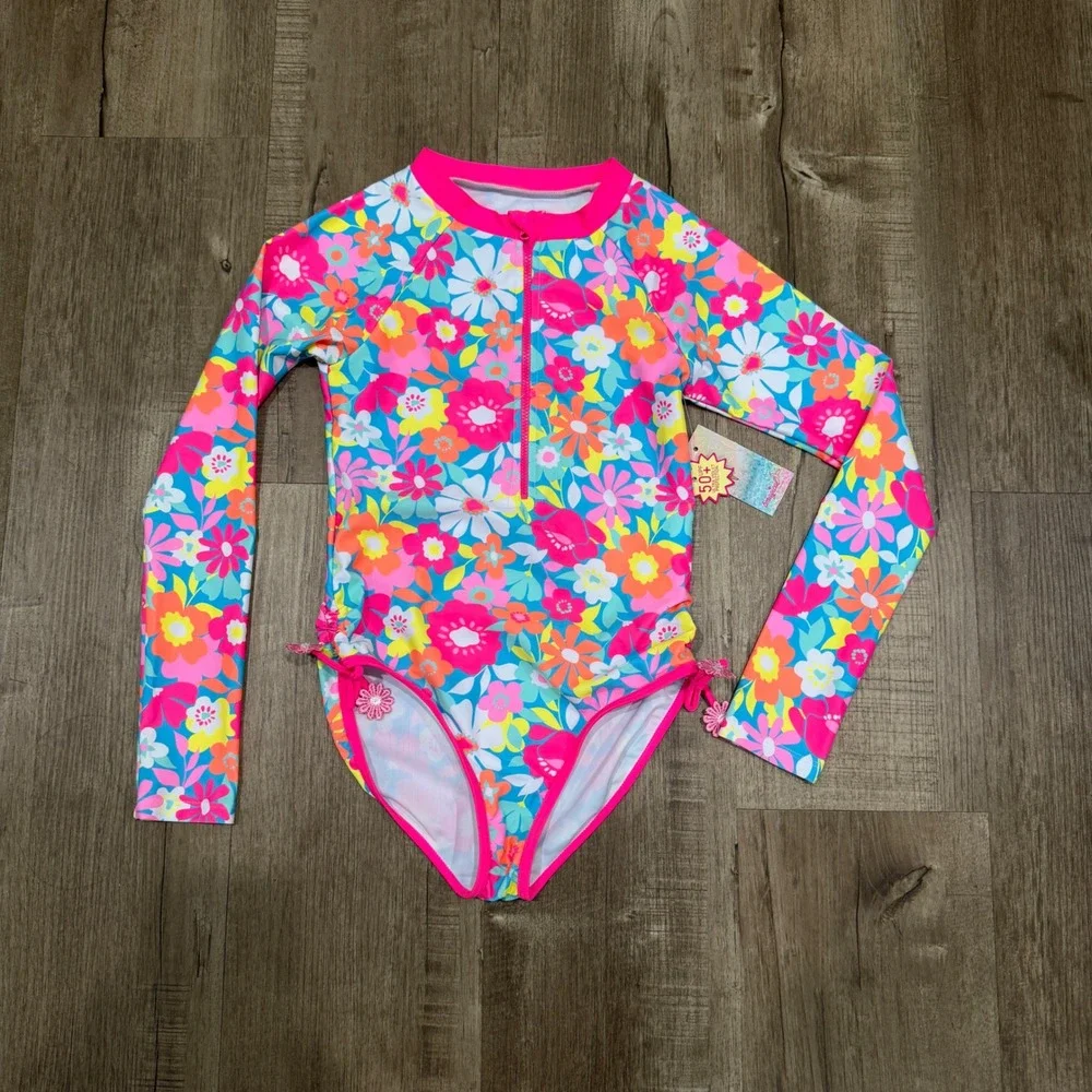 NEW bmagical by btween Long Sleeve Rash Guard One Piece Swimsuit Girls 10 Floral